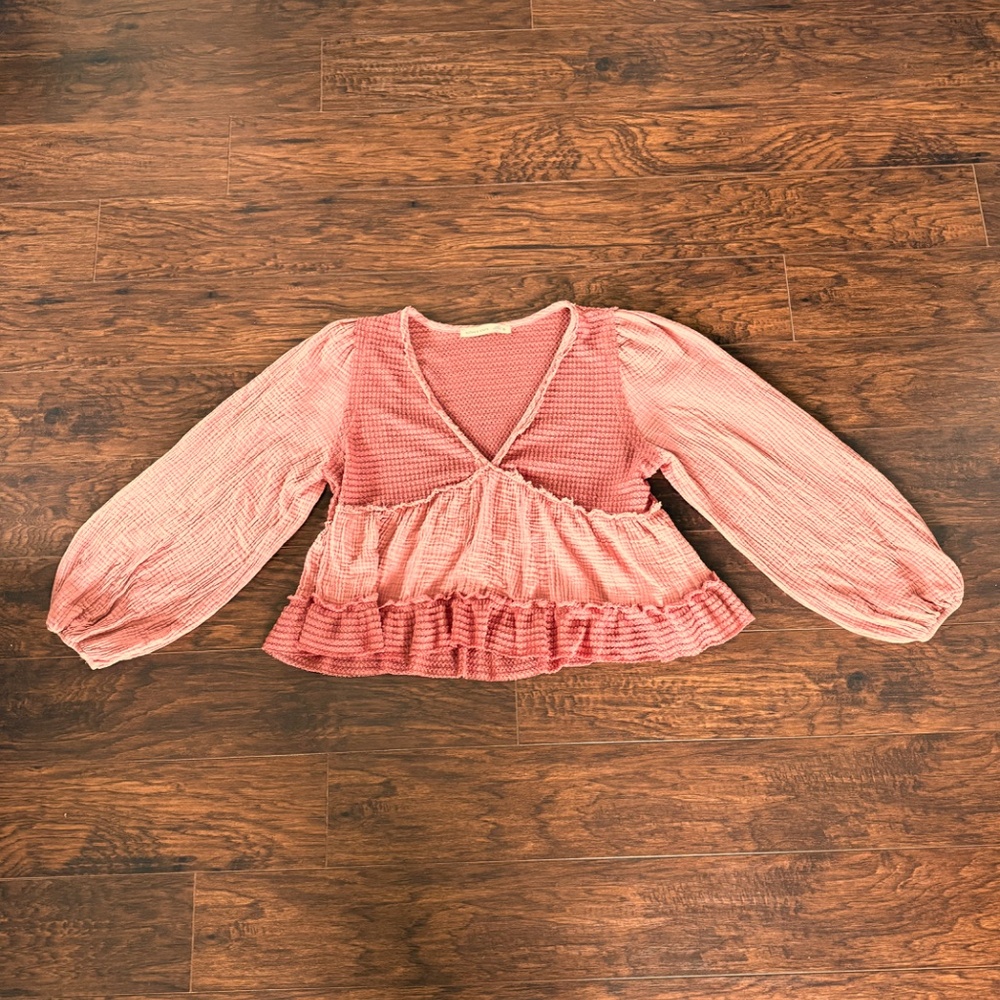Altar'd State Pink Patchwork Textured V-Neck Blouse - Picture 4 of 10